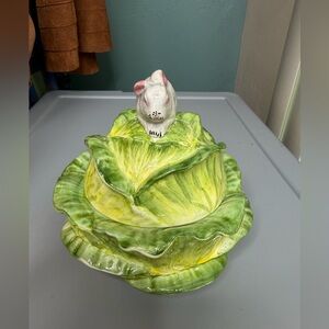 Vietri Green Cabbage Ceramic Dish with Rabbit Lid